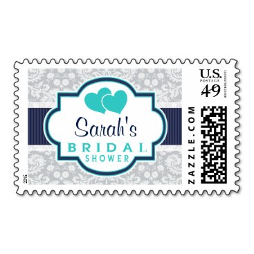Navy, Turquoise, Gray Damask Bridal Shower Stamp
