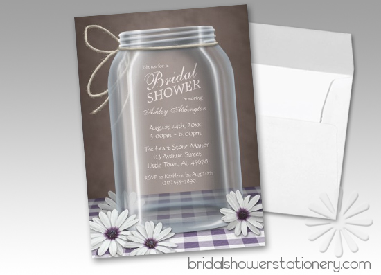 Country Mason Jar Purple Gingham Bridal Shower Invitations