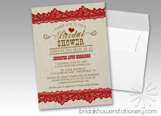 Rustic Burlap & Red Lace Bridal Shower Invitations