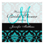 Aqua Blue Black Damask Bridal Shower Invitation