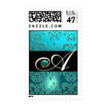 BLACK BLUE TURQUASE AQUAMARINE DAMASK MONOGRAM, POSTAGE
