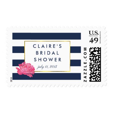 Bridal Shower Postage Stamps | Navy Stripe & Peony