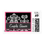 Couples Shower - Black White Pink Heart Damask Postage Stamp