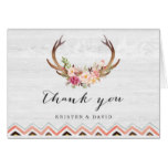 Floral Antler Rustic White Wood Boho Thank You Card