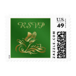 Golden butterfly, swirls on green RSVP Postage