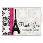 HOT PINK AND BLACK DAMASK EIFFEL TOWER THANK YOU CARD