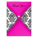 Hot Pink and Black Damask Thank You card