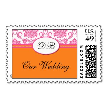 Monogram Pink and Orange Damask Wedding Postage