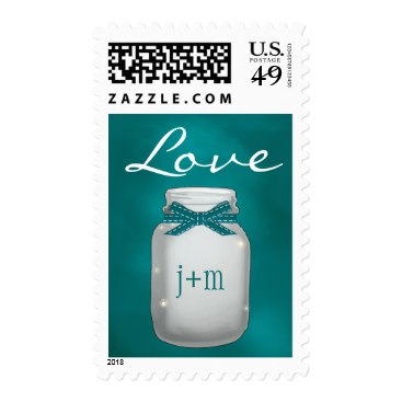 Monogrammed Teal Mason Jar with Fireflies Love Postage Stamps