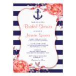 Nautical Striped Navy Blue And Coral Bridal Shower Card