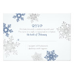 Navy Blue Silver Snowflake Winter Wedding RSVP Card