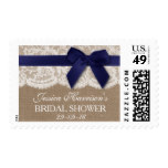 Navy Ribbon On Burlap & Lace Bridal Shower Postage Stamp
