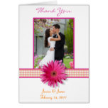 Pink Gerbera Daisy Plaid Wedding Photo Thank You Card