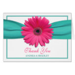 Pink Gerbera Daisy Turquoise Wedding Thank You 3 Card