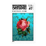 PINK ROSE ON TEAL BLUE DAMASK POSTAGE STAMP