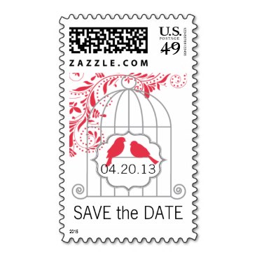 Red Gray Love Birds Birdcage Save The Date Postage