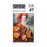 ROMANTIC LADY WITH PEACOCK FEATHER STAMP