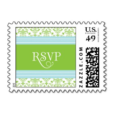RSVP Green & Blue Damask Wedding Postage Stamp