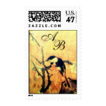 SPRING BIRD AND FLOWER TREE MONOGRAM Yellow Brown Postage