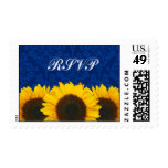 Sunflowers Blue Damask Wedding RSVP Postage