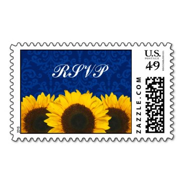 Sunflowers Blue Damask Wedding RSVP Postage