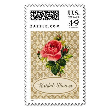 Vintage Gold Damask Pink Rose Bridal Shower Stamp