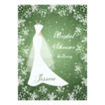 Wedding gown, snowflakes on green Bridal Shower Card