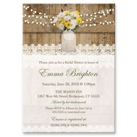 Mason Jar Bridal Shower Invitations with Lace on Wood and Daisies