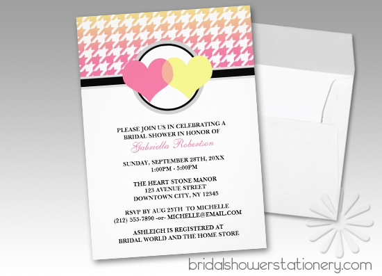 Ombre Hearts Yellow Pink Houndstooth Bridal Shower Invitations