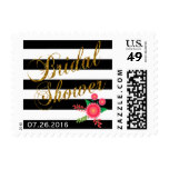 Black & White Stripes Bridal Shower | Pink Floral Postage Stamp