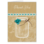 burlap and aqua rose mason jar thank you card