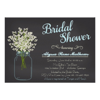 Chalkboard Mason Jar Baby's Breath Bridal Shower Custom Invitations