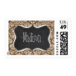 Chocolate Brown Damask Pattern; Chalkboard look Postage Stamp