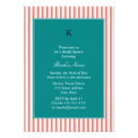 Coral Pink and White Stripes , Teal Bridal Shower Card