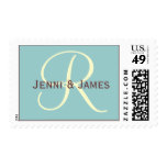 Custom Monogram R Cream Blue Brown Wedding Stamp
