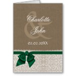 FAUX burlap,emerald green and white lace Thank You Card
