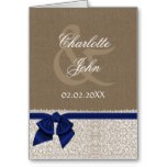 FAUX burlap, navy blue and white lace Thank You Card