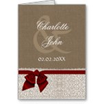 FAUX burlap, red and white lace Thank You Card