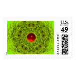 GREEN DAHLIA FLOWER PETALS WITH RED RUBY GEMSTONE POSTAGE