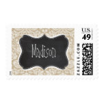 Khaki Damask; Vintage Chalkboard look Postage Stamp
