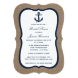 Navy Blue Nautical Anchor On Burlap Bridal Shower Card