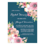Navy Blue Rustic Pink Flowers Bridal Shower Invite