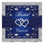 Navy Blue, Silver Floral, Hearts Bridal Shower Card