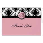 Pink and Black Damask monogram Thank You Card