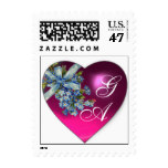 PINK  HEART FORGET ME NOTS WEDDING PARTY MONOGRAM POSTAGE