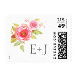 Pink Watercolor Floral Wedding initials postage