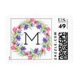 Purple Pink Floral Wreath Monogram Bridal Shower Postage Stamp