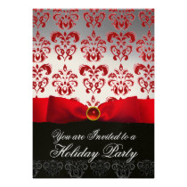 RED RIBBON WHITE BLACK  DAMASK HOLIDAY PARTY Ruby Card
