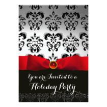 RED RIBBON WHITE BLACK  DAMASK HOLIDAY PARTY Ruby Card