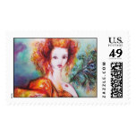 ROMANTIC LADY WITH PEACOCK FEATHER POSTAGE STAMP